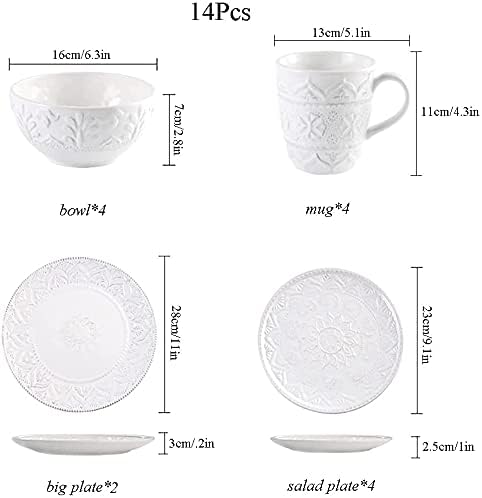 Ceramic Dinnerware Set, 14 PCS Plates Set, Dishes Set, White Underglaze Dinner Sets - Retro Embossed Dinner Plate Soup Plate with Floral Pattern for Family Part