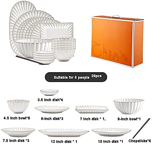 26 Pcs Dinnerware Sets, Porcelain Tableware Set with Plates and Bowls, White Ceramic Dinner Set for Home Kitchen and Dinning, Microwave and Dishwasher Safe, Service (White 26pcs)