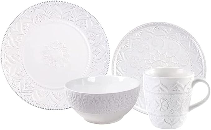 Ceramic Dinnerware Set, 14 PCS Plates Set, Dishes Set, White Underglaze Dinner Sets - Retro Embossed Dinner Plate Soup Plate with Floral Pattern for Family Part