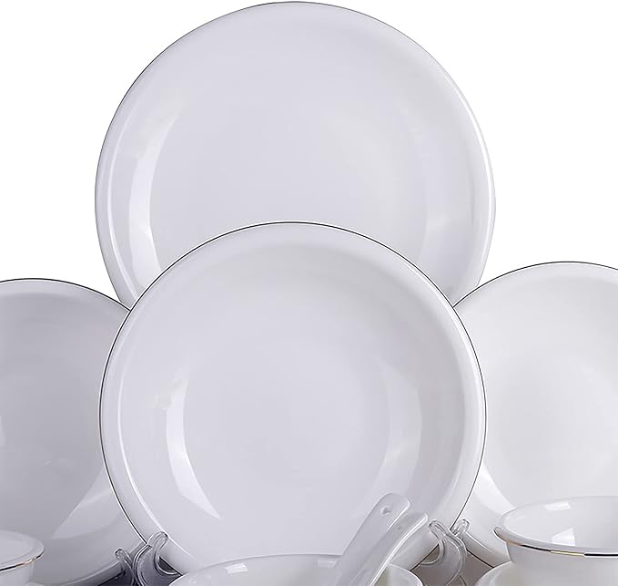 Dinnerware Set, Porcelain Fine Bone China Round Kitchen Dinner Dining White Tableware Combi-Set with Cereal Noodle Bowls Soup Plates Microwave and Oven Safe,