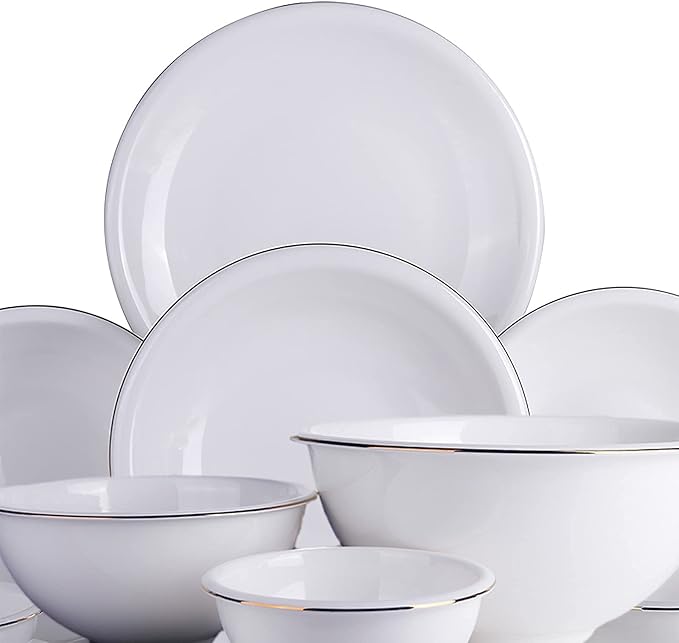 Dinnerware Set, Porcelain Fine Bone China Round Kitchen Dinner Dining White Tableware Combi-Set with Cereal Noodle Bowls Soup Plates Microwave and Oven Safe,