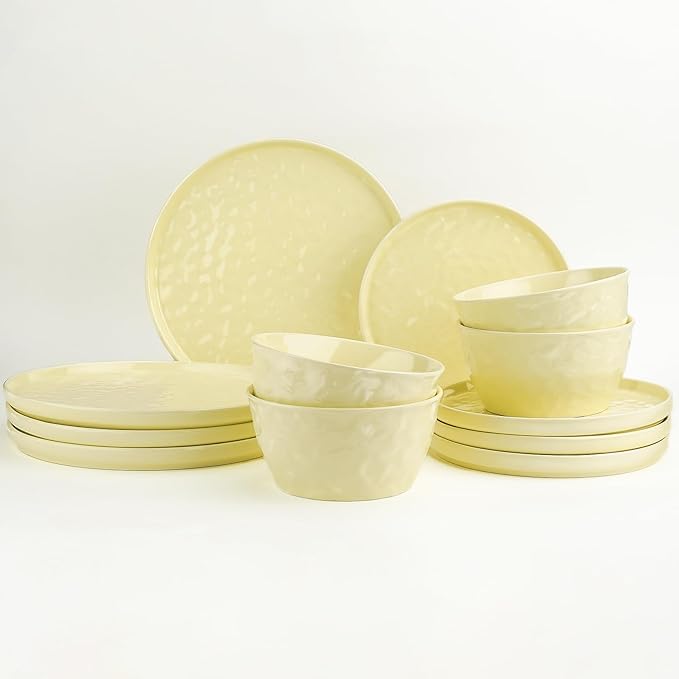 Plates and Bowls Sets, 12 Pieces Ceramic Dinnerware Sets, Highly Chip and Crack Resistant, Service for 4, Cream