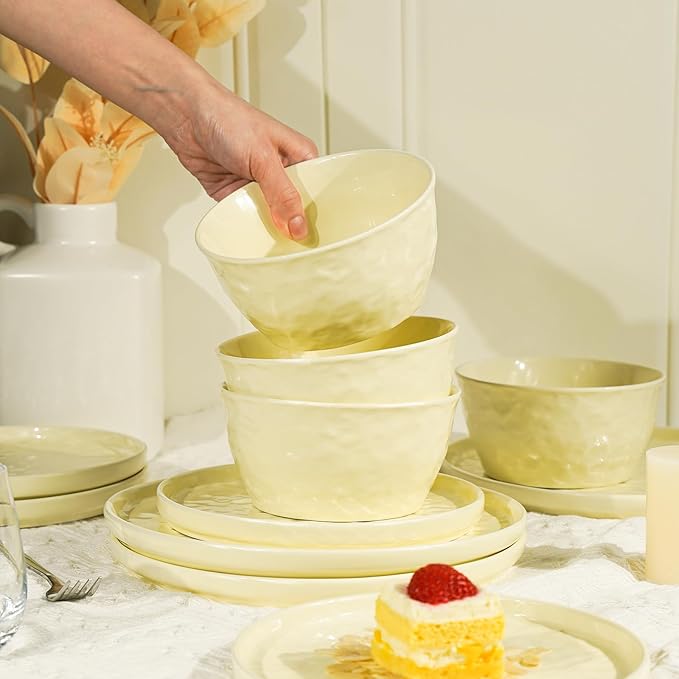 Plates and Bowls Sets, 12 Pieces Ceramic Dinnerware Sets, Highly Chip and Crack Resistant, Service for 4, Cream