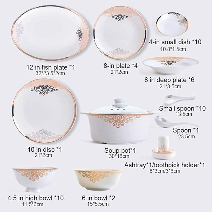 Ceramics Dinnerware Set with 48-Piece,Bowl/Dish/Spoon|Bone China Dinner Sets, European Style Porcelain Combination Set,White Plates