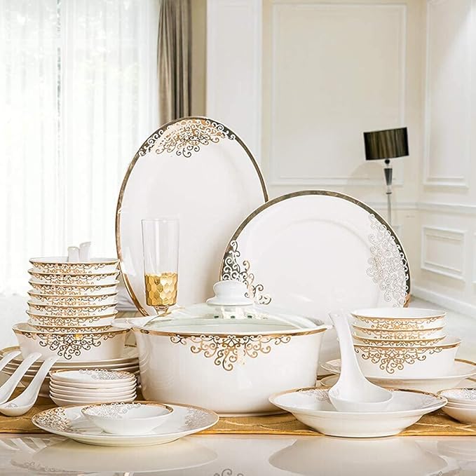 Ceramics Dinnerware Set with 48-Piece,Bowl/Dish/Spoon|Bone China Dinner Sets, European Style Porcelain Combination Set,White Plates