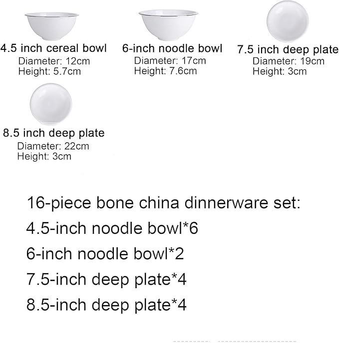 Dinnerware Set, Porcelain Fine Bone China Round Kitchen Dinner Dining White Tableware Combi-Set with Cereal Noodle Bowls Soup Plates Microwave and Oven Safe,