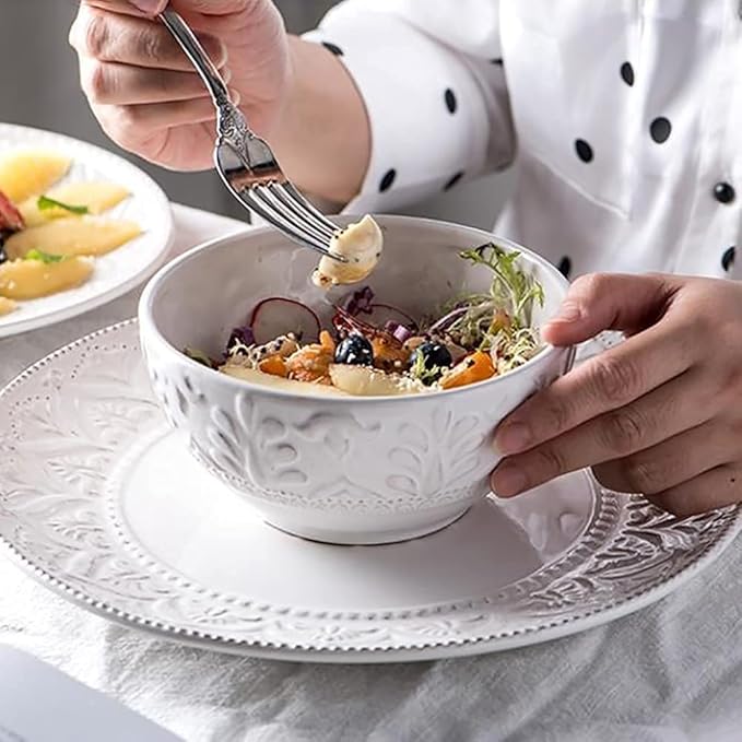 Ceramic Dinnerware Set, 14 PCS Plates Set, Dishes Set, White Underglaze Dinner Sets - Retro Embossed Dinner Plate Soup Plate with Floral Pattern for Family Part