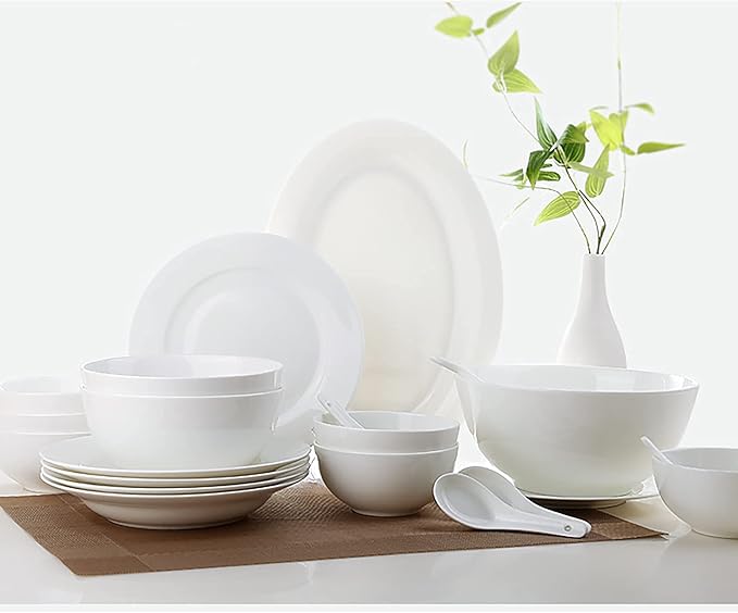 Bone China Dinnerware Set, White Porcelain Round Dinner Dining Tableware Combi-Set with Cereal Noodle Bowl Dessert Soup Fish Plates Microwave and Oven Safe,