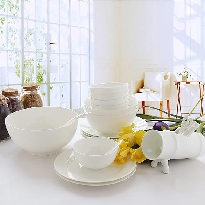 Bone China Dinnerware Set, White Porcelain Round Dinner Dining Tableware Combi-Set with Cereal Noodle Bowl Dessert Soup Fish Plates Microwave and Oven Safe,