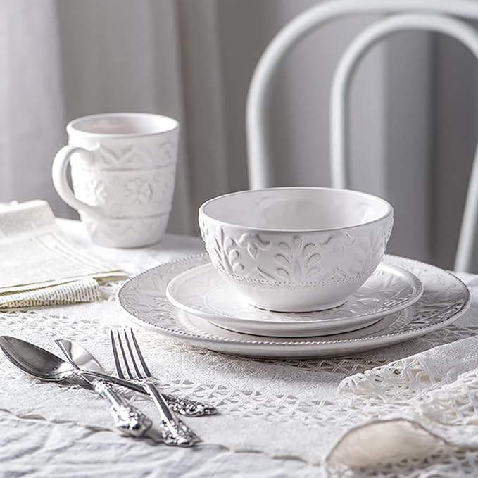 Ceramic Dinnerware Set, 14 PCS Plates Set, Dishes Set, White Underglaze Dinner Sets - Retro Embossed Dinner Plate Soup Plate with Floral Pattern for Family Part