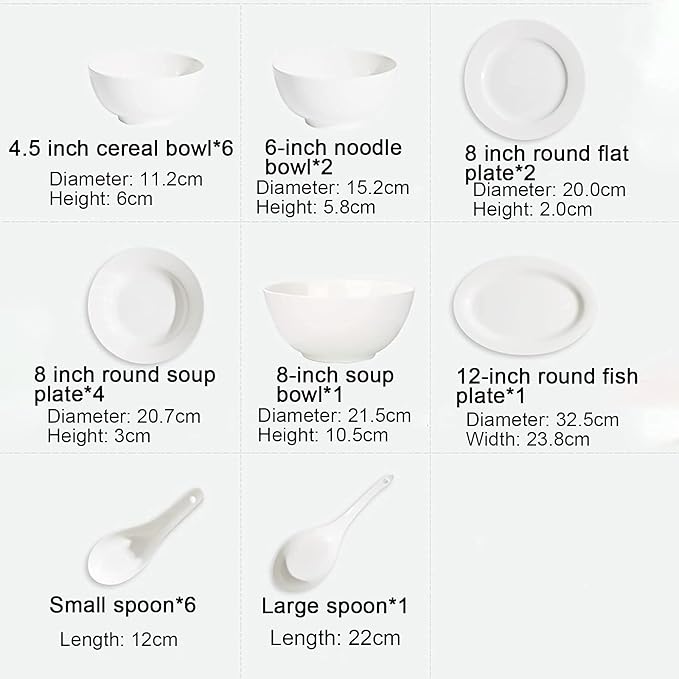 Bone China Dinnerware Set, White Porcelain Round Dinner Dining Tableware Combi-Set with Cereal Noodle Bowl Dessert Soup Fish Plates Microwave and Oven Safe,