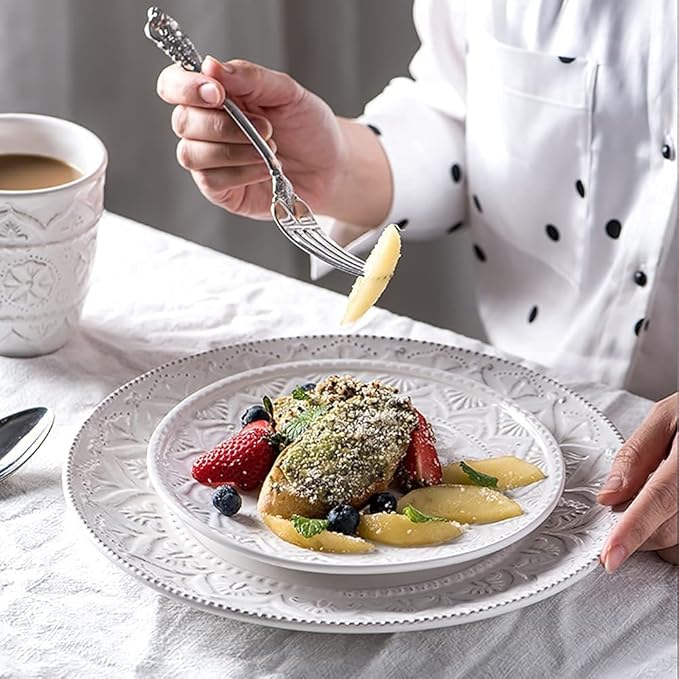 Ceramic Dinnerware Set, 14 PCS Plates Set, Dishes Set, White Underglaze Dinner Sets - Retro Embossed Dinner Plate Soup Plate with Floral Pattern for Family Part
