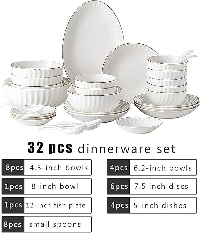 Stylish Dinner Set for Restaurant and Home, 32-Piece White Dinnerware Sets, Modern European Dinner Plate and Bowl Set, Table Service for 6-8, High-End Tableware Set