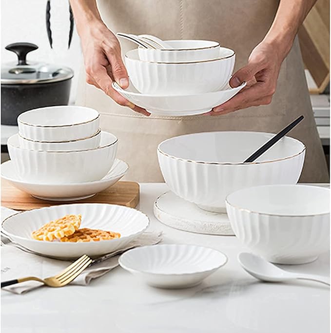 Stylish Dinner Set for Restaurant and Home, 32-Piece White Dinnerware Sets, Modern European Dinner Plate and Bowl Set, Table Service for 6-8, High-End Tableware Set