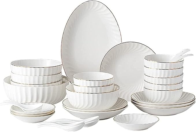 Stylish Dinner Set for Restaurant and Home, 32-Piece White Dinnerware Sets, Modern European Dinner Plate and Bowl Set, Table Service for 6-8, High-End Tableware Set