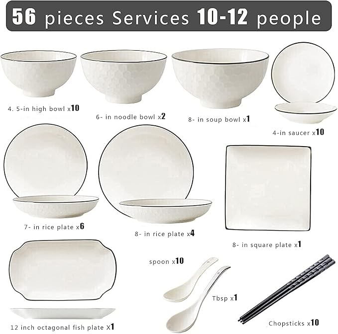 Dining Plate Set 56-Piece White Dinnerware Sets Modern European Dinner Plate and Bowl Set Table Service for 10-12 High-end Tableware Set