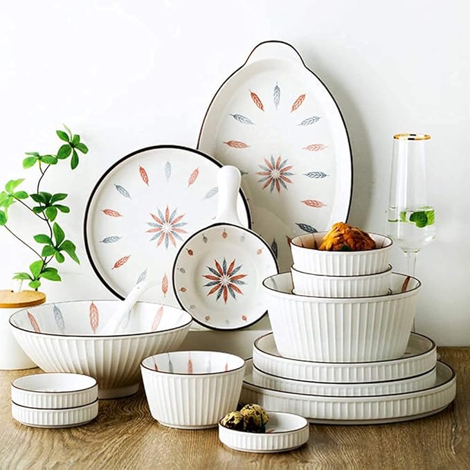 38 Pcs Dinnerware Sets, Chinese Style Porcelain Tableware Set with Plates and Bowls, White Ceramic Dinner Set for Home Kitchen and Dinning, Microwave and Dishwasher Safe, (White 23pcs)