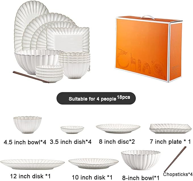 26 Pcs Dinnerware Sets, Porcelain Tableware Set with Plates and Bowls, White Ceramic Dinner Set for Home Kitchen and Dinning, Microwave and Dishwasher Safe, Service (White 18pcs)