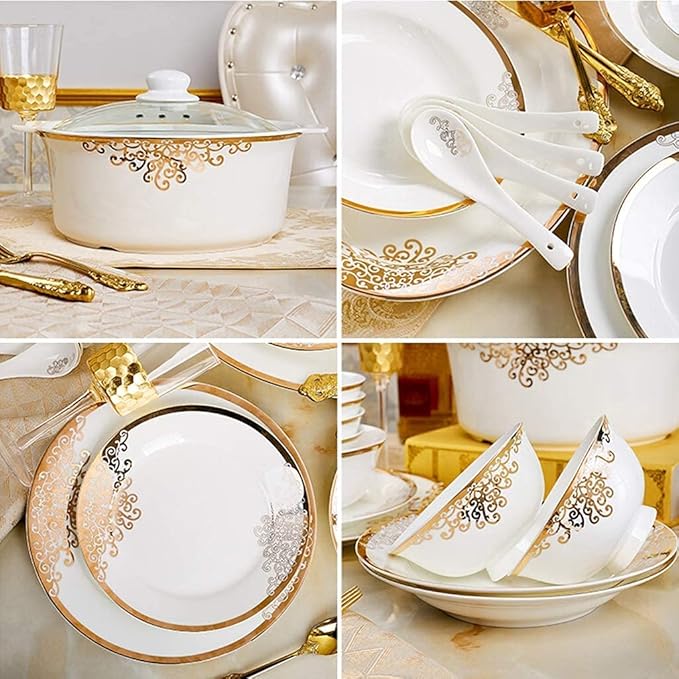 Ceramics Dinnerware Set with 48-Piece,Bowl/Dish/Spoon|Bone China Dinner Sets, European Style Porcelain Combination Set,White Plates