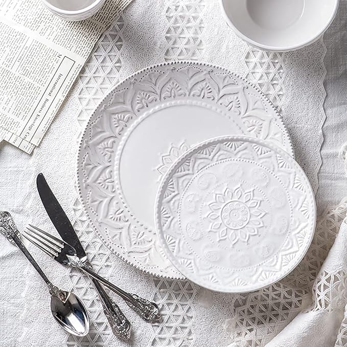 Ceramic Dinnerware Set, 14 PCS Plates Set, Dishes Set, White Underglaze Dinner Sets - Retro Embossed Dinner Plate Soup Plate with Floral Pattern for Family Part