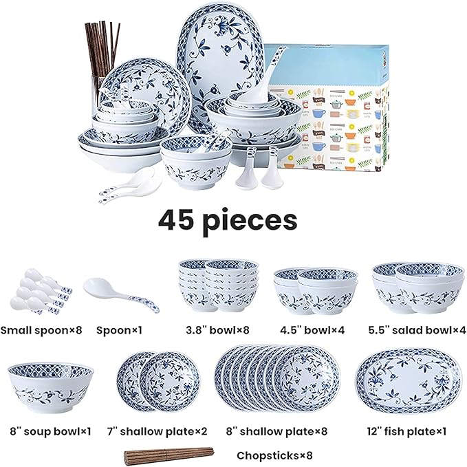 Dining Plate Set Ceramics Dinner Sets Blue and White Porcelain Porcelain Dinnerware Set of 45 | Simplicity Cereal Bowl and Steak Plate Set,A