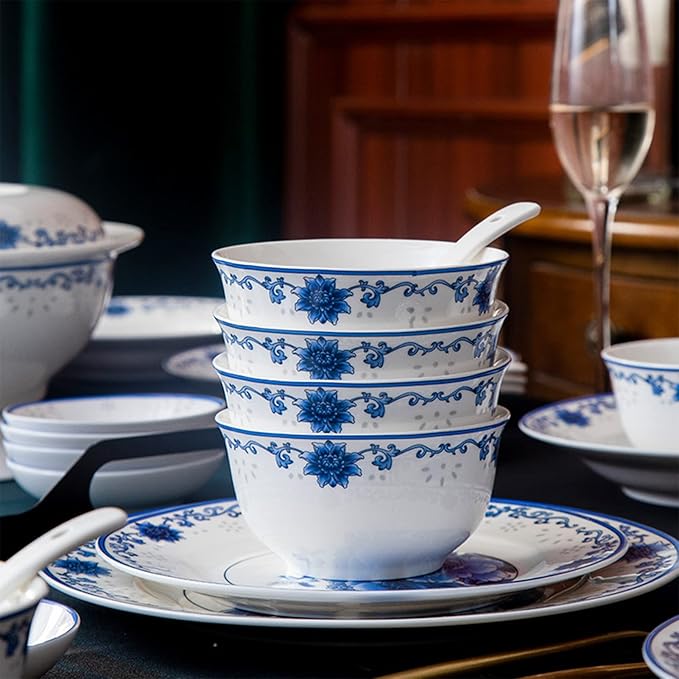 56 Pieces Dinnerware Sets Suitable for 10 People, Jingdezhen Blue and White Porcelain Tableware Set Chinese Bone China Plates and Bowls Sets Household Gifts