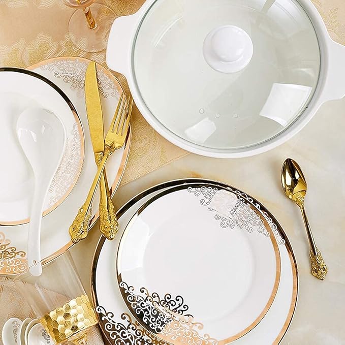 Ceramics Dinnerware Set with 48-Piece,Bowl/Dish/Spoon|Bone China Dinner Sets, European Style Porcelain Combination Set,White Plates