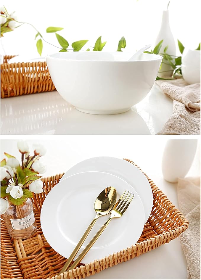 Bone China Dinnerware Set, White Porcelain Round Dinner Dining Tableware Combi-Set with Cereal Noodle Bowl Dessert Soup Fish Plates Microwave and Oven Safe,