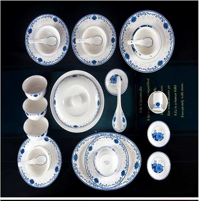 56 Pieces Dinnerware Sets Suitable for 10 People, Jingdezhen Blue and White Porcelain Tableware Set Chinese Bone China Plates and Bowls Sets Household Gifts