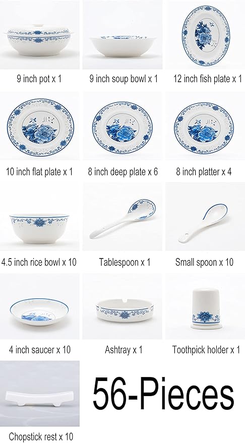 56 Pieces Dinnerware Sets Suitable for 10 People, Jingdezhen Blue and White Porcelain Tableware Set Chinese Bone China Plates and Bowls Sets Household Gifts