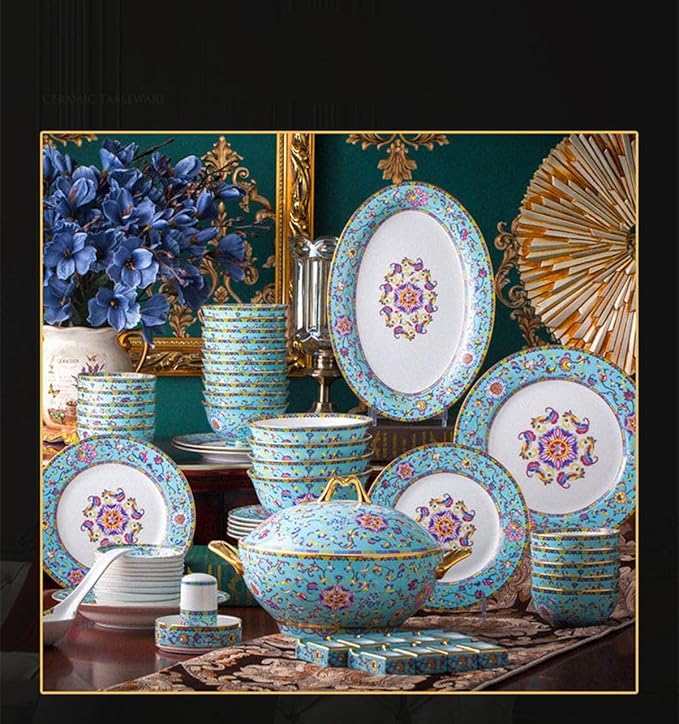 European Palace Blue Bone China Dinnerware Set 80 Pieces of Light Luxury Gold Rim Enameled Ceramic Tableware Bowl and Plate Set Housewarming Gifts, size