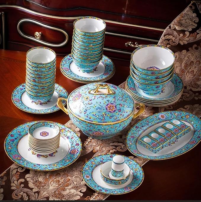 European Palace Blue Bone China Dinnerware Set 80 Pieces of Light Luxury Gold Rim Enameled Ceramic Tableware Bowl and Plate Set Housewarming Gifts, size