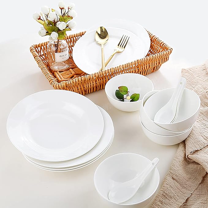 Bone China Dinnerware Set, White Porcelain Round Dinner Dining Tableware Combi-Set with Cereal Noodle Bowl Dessert Soup Fish Plates Microwave and Oven Safe,