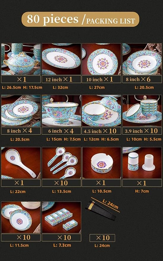 European Palace Blue Bone China Dinnerware Set 80 Pieces of Light Luxury Gold Rim Enameled Ceramic Tableware Bowl and Plate Set Housewarming Gifts, size