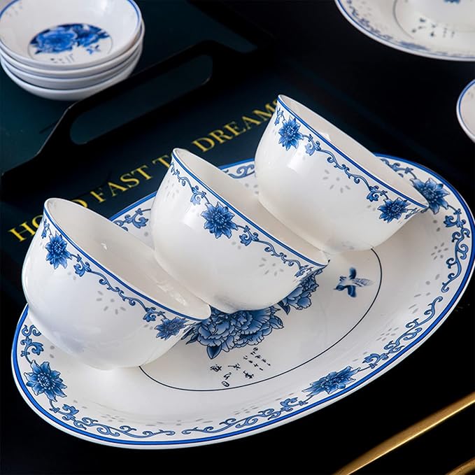 56 Pieces Dinnerware Sets Suitable for 10 People, Jingdezhen Blue and White Porcelain Tableware Set Chinese Bone China Plates and Bowls Sets Household Gifts