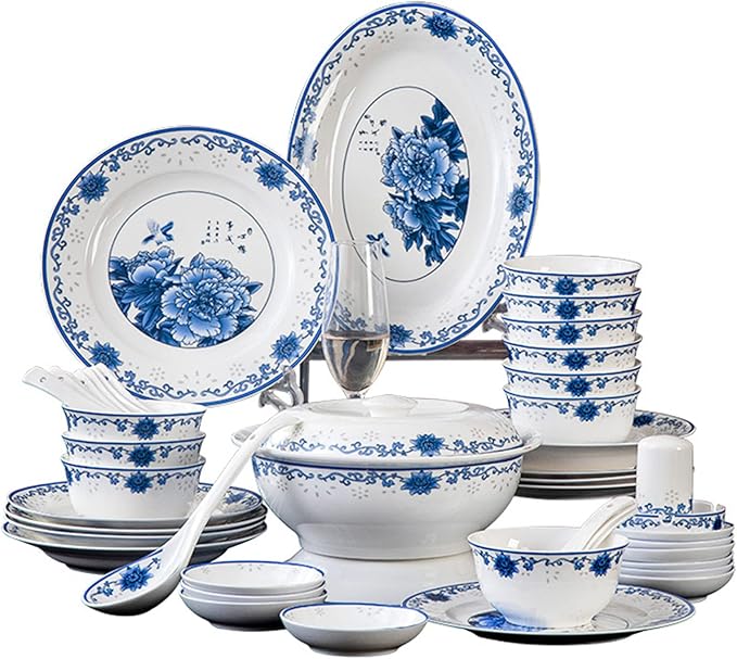 56 Pieces Dinnerware Sets Suitable for 10 People, Jingdezhen Blue and White Porcelain Tableware Set Chinese Bone China Plates and Bowls Sets Household Gifts