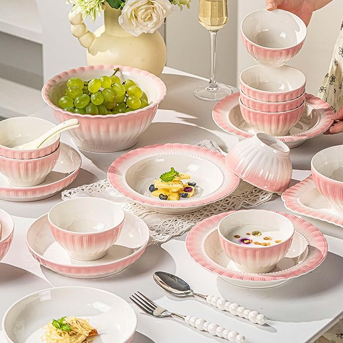 Pink White Gradient Dinnerware Set Plates Bowls Dishes Service Porcelain Dinnerware Set Elegant Dinner Plates Pasta Bowls Salad Plates Dessert Bowls Tableware Set