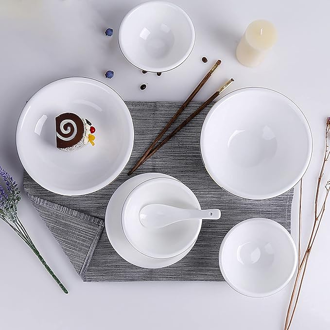 Dinnerware Set, Porcelain Fine Bone China Round Kitchen Dinner Dining White Tableware Combi-Set with Cereal Noodle Bowls Soup Plates Microwave and Oven Safe,