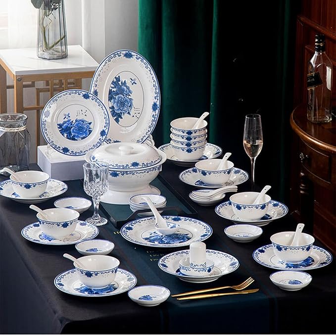 56 Pieces Dinnerware Sets Suitable for 10 People, Jingdezhen Blue and White Porcelain Tableware Set Chinese Bone China Plates and Bowls Sets Household Gifts