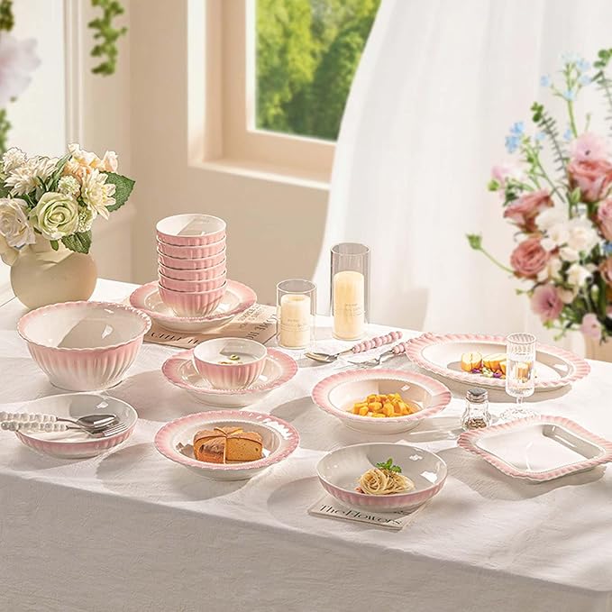 Pink White Gradient Dinnerware Set Plates Bowls Dishes Service Porcelain Dinnerware Set Elegant Dinner Plates Pasta Bowls Salad Plates Dessert Bowls Tableware Set