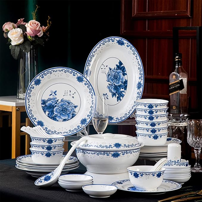 56 Pieces Dinnerware Sets Suitable for 10 People, Jingdezhen Blue and White Porcelain Tableware Set Chinese Bone China Plates and Bowls Sets Household Gifts