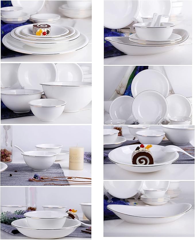 Dinnerware Set, Porcelain Fine Bone China Round Kitchen Dinner Dining White Tableware Combi-Set with Cereal Noodle Bowls Soup Plates Microwave and Oven Safe,