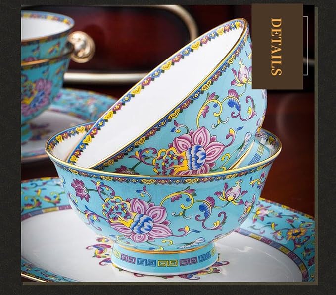 European Palace Blue Bone China Dinnerware Set 80 Pieces of Light Luxury Gold Rim Enameled Ceramic Tableware Bowl and Plate Set Housewarming Gifts, size