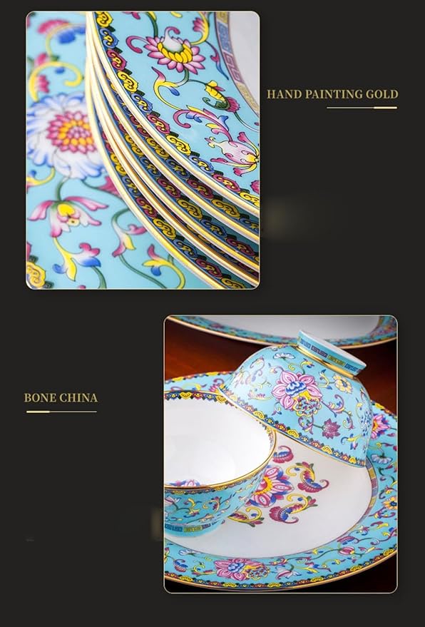 European Palace Blue Bone China Dinnerware Set 80 Pieces of Light Luxury Gold Rim Enameled Ceramic Tableware Bowl and Plate Set Housewarming Gifts, size