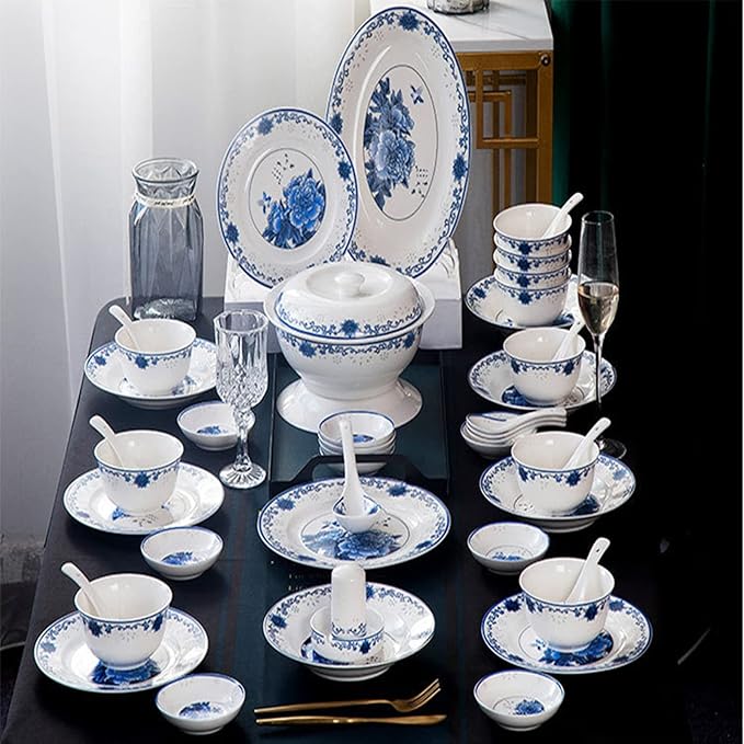 56 Pieces Dinnerware Sets Suitable for 10 People, Jingdezhen Blue and White Porcelain Tableware Set Chinese Bone China Plates and Bowls Sets Household Gifts