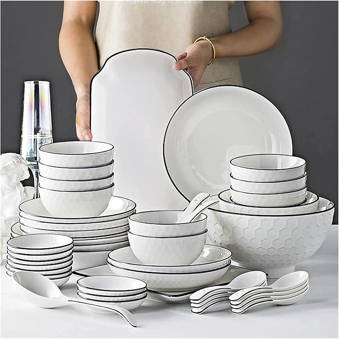 Dining Plate Set 56-Piece White Dinnerware Sets Modern European Dinner Plate and Bowl Set Table Service for 10-12 High-end Tableware Set