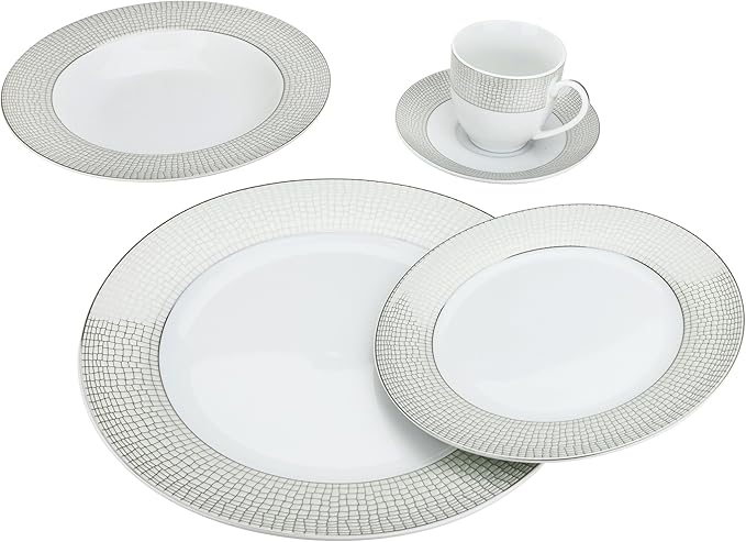 G1330-20, Silver-Plated Dinnerware Set, Dinner Service for Four, 20-Piece Set: 4 Dinner Plates, 4 Soup Plates, 4 Dessert Plates, 4 Tea Cups with 4 Saucers