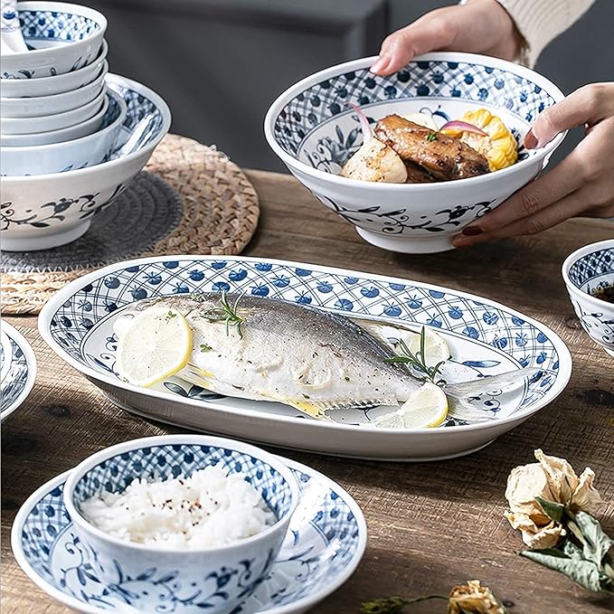 Dining Plate Set Ceramics Dinner Sets Blue and White Porcelain Porcelain Dinnerware Set of 45 | Simplicity Cereal Bowl and Steak Plate Set,A