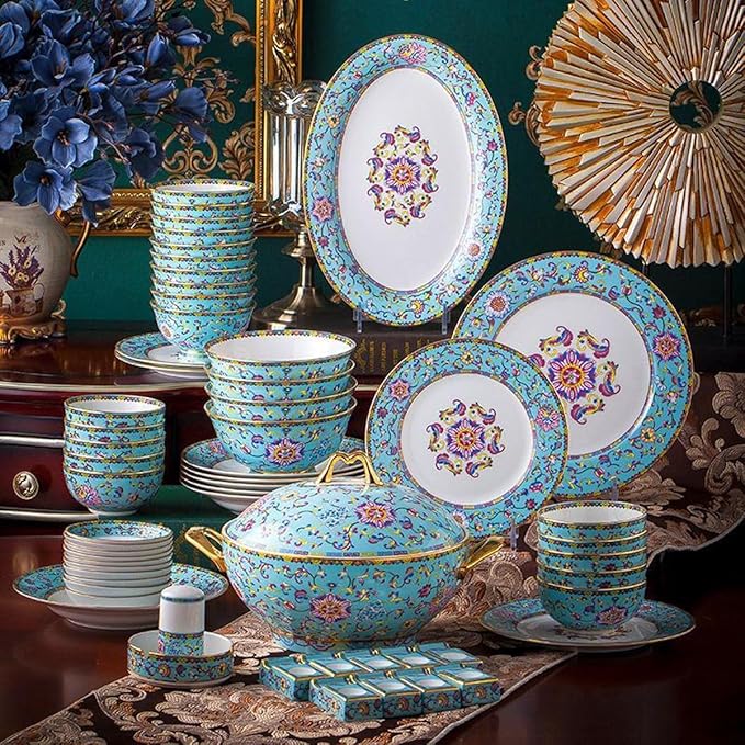 European Palace Blue Bone China Dinnerware Set 80 Pieces of Light Luxury Gold Rim Enameled Ceramic Tableware Bowl and Plate Set Housewarming Gifts, size