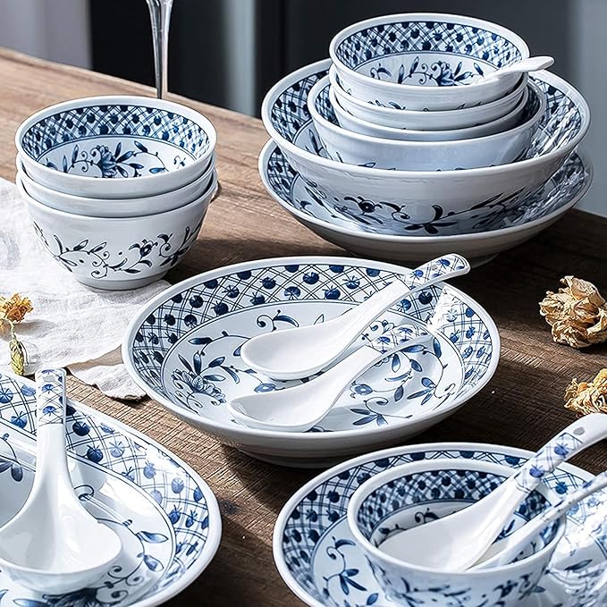 Dining Plate Set Ceramics Dinner Sets Blue and White Porcelain Porcelain Dinnerware Set of 45 | Simplicity Cereal Bowl and Steak Plate Set,A